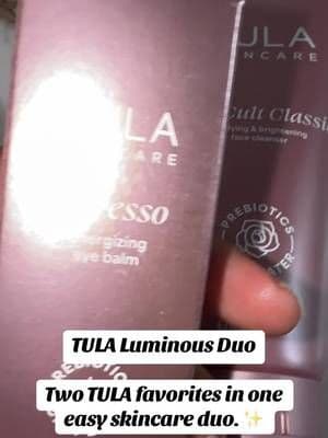 The TULA Luminous Duo pairs the Cult Classic Cleanser with the Pink ’Spressing Eye Balm for a simple routine that cleanses your skin and gives the eye area a quick refreshed-looking boost. #TikTokShop #TULA #SkincareRoutine #EyeBalm #BeautyTok